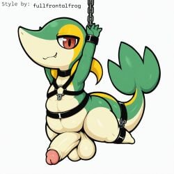 1:1 ai_generated anthro balls bondage bondage bound chains collar cuff_(restraint) erection foreskin generation_5_pokemon genitals harness hellsonger hi_res humanoid_genitalia humanoid_penis looking_at_viewer male nintendo nude penis pokemon pokemon_(species) red_eyes reptile restraints scalie shackles simple_background slightly_chubby smile snivy solo submissive white_background