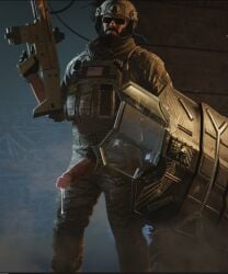 artist_request beard big_penis blackbeard_(rainbow_six) erection facial_hair helmet male male_only military penis_out rainbow_six_siege rifle shield uniform