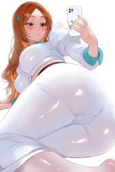 ass bleach bleach:_sennen_kessen-hen blue_nails blush breasts brown_eyes cellphone female highres holding holding_phone inoue_orihime juliet_sleeves large_breasts long_hair long_skirt long_sleeves midriff miychi nail_polish orange_hair pencil_skirt phone puffy_sleeves shirt simple_background sitting_sideways skirt smartphone socks solo sweatdrop taking_picture white_background white_shirt white_skirt white_socks