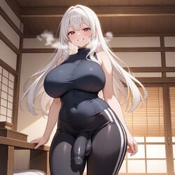 ai_generated big_breasts curvy futanari leggings smile steamy_breath tight_clothing white_hair