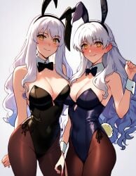 2girls ai_generated blush bow bowtie bunny_costume bunnysuit caren_ortensia detached_collar fake_animal_ears fate/hollow_ataraxia fate_(series) fire_emblem fire_emblem:_radiant_dawn gray_hair gyhmm leotard looking_at_viewer micaiah_(fire_emblem) playboy_bunny rabbit_tail smile smiling thiccwithaq_(ai_style) viewed_from_below wavy_hair white_hair wrist_cuffs yellow_eyes