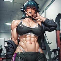 ai_generated big_breasts gothic gym gym_clothes igawa_asagi nipples_visible_through_clothing sports_bra sweating taimanin_(series) taimanin_asagi thong_panties toned_female