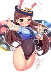 1girl :d animal_ears bare_legs blush breast_pocket breasts brown_eyes brown_hair covered_navel cropped_legs cuffs d.va facial_markings female_service_cap groin handcuffs hat highleg highleg_leotard highres hip_focus holding leotard long_hair medium_breasts necktie open_mouth outstretched_arm overwatch photoshop_(medium) playboy_bunny pockets police police_officer_d.va police_uniform policewoman rabbit_ears rogeris signature simple_background smile solo striped_necktie tail thick_thighs thighs whisker_markings white_background