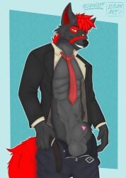 animal_genitalia anthro canid canine canine_genitalia canis clothing digital_media_(artwork) fury_(furythewolf) genitals hi_res hidewolff lipsticking looking_at_viewer lubanart male mammal sheath simple_background smile solo suit suit_and_tie wolf