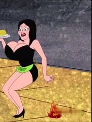 1woman 2013 adult_swim black_dress black_hair breasts cleavage cleavage_overflow curvy curvy_female curvy_milf curvy_woman dress green_eyes high_heels huge_breasts king_star_king_(adult_swim) large_breasts long_hair milf red_lipstick screencap short_dress slutty_waitress_(king_star_king) tagme video waitress waitress_mega_melons_(king_star_king)