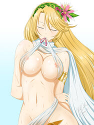 arm_behind_back armband artist_name aurelia_(brave_frontier) big_breasts blonde_hair blue_background brave_frontier breasts cape closed_eyes flower gradient_background hair_flower hair_ornament kimmy77 lift_shirt long_hair nipples nipples_visible_through_clothing presenting shiny_hair sweat white_background