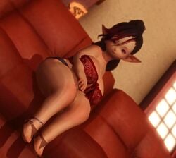 big_ass blue_eyes busty clothed dark_hair final_fantasy_xiv lalafell looking_at_viewer sitting sultry_eyes thick_thighs