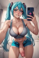 ai_generated balls_under_clothes big_breasts big_penis cum erection futa_only futanari hatsune_miku large_penis turquoise_hair