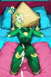 ai_generated cumming_in_ass cumming_in_clothes cumming_on_feet distracted feet_up gem gem_on_forehead glasses green_body green_eyes green_skin innocent lying_on_bed moody_hat peridot_(steven_universe) question_mark small_body small_breasts tablet yellow_hair