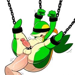 1:1 ai_generated anal anal_sex anthro anus ass balls blindfold blush bodily_fluids bondage bondage bound chains disembodied_penis duo erection generation_5_pokemon genitals glans green_body hellsonger hi_res humanoid_genitalia humanoid_penis male male/male male_penetrated male_penetrating male_penetrating_male nintendo open_mouth penetration penis pokemon pokemon_(species) reptile scalie sex simple_background snivy solo_focus submissive_male suspension teapot_(body_type) white_background