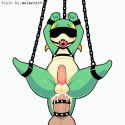 1:1 accessory ai_generated anal anal_sex anthro ball_gag balls blindfold blonde_hair blush bodily_fluids bondage bound chains cock_ring cum cum_in_ass cum_inside cum_while_penetrated ejaculation erection foreskin gag gagged generation_5_pokemon genital_fluids genitals green_body hands-free harness hellsonger hi_res humanoid_genitalia humanoid_penis male male/male male_only male_penetrated male_penetrating male_penetrating_male nintendo nude orgasm partially_retracted_foreskin penetration penis penis_accessory penis_jewelry pokemon pokemon_(species) precum reptile scalie sex simple_background snivy solo spread_legs spreading submissive submissive_male suspension testicle_cuff white_background