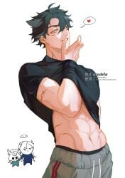 abs arm_scar black_shirt clothed ear_piercing earrings ellipsis gay genshin_impact heart_symbol male_focus muscular muscular_male neuvillette_(genshin_impact) pulling_shirt pulling_shirt_up raising_shirt scars sigewinne_(genshin_impact) sweatpants wriothesley_(genshin_impact) yaoi