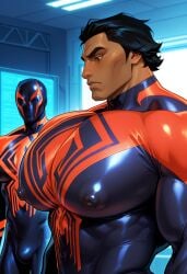 2boys ai_art ai_generated bara bara_tits biceps big_pecs big_pectorals black_hair black_hair_male bodysuit cwhk deltoids gay gay_male girl_staring_at_guy's_chest huge_pecs huge_pectorals large_pecs large_pectorals male male_only man_boobs man_tits marvel_comics meme miguel_o'hara multiple_boys multiple_males muscular muscular_male nipple_bulge nipples nipples_visible_through_clothing pecs pecs_bigger_than_head pectorals skinsuit spider-man:_across_the_spider-verse spider-man_2099 staring staring_at_chest staring_at_pecs superhero tan-skinned_male tan_skin tan_skinned_male trapezius triceps