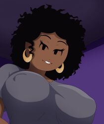 1girls afro big_breasts biting_lip dark-skinned_female earrings female gray_shirt khloe_(nobytes) nipple_bulge smile smiling