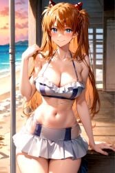 1girl ai-created ai_generated asuka_langley_sohryu bangs bare_arms bare_shoulders beach big_breasts bikini bikini_skirt blue_bikini blue_eyes blue_swimsuit blush breasts clavicle cleavage closed_mouth clothing cloud cowboy_shot day female female_only frilled_bikini frilled_swimsuit frills hair_between_eyes hair_ornament halterneck hand_up headgear indoors interface_headset large_breasts long_hair looking_at_viewer medium_breasts midriff miniskirt navel neon_genesis_evangelion ocean orange_hair outdoors pixiv purple_bikini purple_swimsuit rena_aikawa_(pixiv_user) sand shiny side-tie_bikini_bottom skirt sky smile solo solo_female stable_diffusion standing stomach swimsuit tagme thighs tied_hair two_side_up very_long_hair water white_bikini