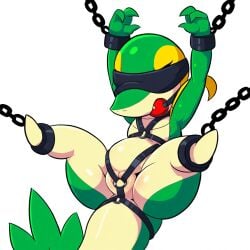 1:1 ai_generated anthro ball_gag blindfold bondage bondage bound chains cuff_(restraint) female gag gagged generation_5_pokemon genitals hellsonger hi_res nintendo pokemon pokemon_(species) pussy reptile restraints scalie shackles simple_background snivy solo spread_legs spreading submissive submissive_female suspension white_background