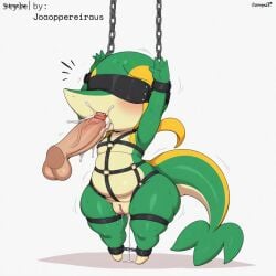 1:1 ai_generated anthro balls blindfold blush bodily_fluids bondage bondage bound chains cuff_(restraint) cum cum_in_mouth cum_in_pussy cum_inside cum_on_tongue disembodied_penis dripping duo english_text erection fellatio female generation_5_pokemon genital_fluids genitals harness hellsonger hi_res humanoid_genitalia humanoid_penis leaking_cum male male/female male_penetrating nintendo oral oral_penetration penetration penile penis penis_lick pokemon pokemon_(species) pussy pussy_juice reptile restraints saliva scalie sex shackles short_stack simple_background snivy solo_focus spreader_bar tongue vein white_background wrist_cuffs