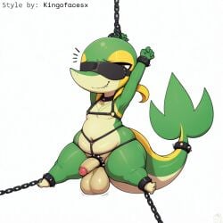 1:1 ai_generated anthro balls bondage bondage bound chained chains clothing cock_ring collar cuff_(restraint) erection eyewear foreskin generation_5_pokemon genitals harness hellsonger hi_res humanoid_genitalia humanoid_penis jewelry male navel nintendo penis penis_accessory penis_jewelry pokemon pokemon_(species) reptile restraints scalie shackles short_stack simple_background slightly_chubby snivy solo submissive submissive_male suspension thick_thighs white_background