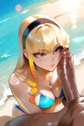 ai_generated beach big_ass big_breasts big_penis blonde_hair blue_eyes blush hairband league_of_legends lux_(league_of_legends) luxanna_crownguard penis_on_cheek penis_on_face short_hair slingshot_swimsuit stable_diffusion