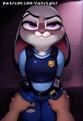 1girls ai_generated animal_ears anthro arms_behind_back bedroom_eyes blush bondage breasts bunny bunny_ears disney embarrassed furry furry_female grey_body grey_fur groping human_on_anthro judy_hopps looking_pleasured patreon police police_uniform policewoman pov pov_eye_contact purple_eyes rabbit rabbit_ears restrained ripped_clothing shortstack sitting size_difference slim_waist small_breasts smaller_female sweat sweatdrop sweating torn_clothes vanstyler zootopia