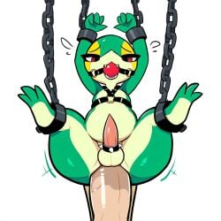 1:1 accessory ai_generated anal anal_sex anthro ball_gag balls bodily_fluids bondage bound chains cock_ring cuff_(restraint) dominant duo erection feet gag gagged generation_5_pokemon genitals green_body harness hellsonger hi_res human leather_cuffs male male/male male_only male_penetrated male_penetrating male_penetrating_male mammal nintendo nude open_mouth penetration penis penis_accessory penis_jewelry pokemon pokemon_(species) reptile restraints scalie sex shackles simple_background size_difference snivy solo_focus spreading submissive submissive_male suspension sweat tapering_penis toes white_background