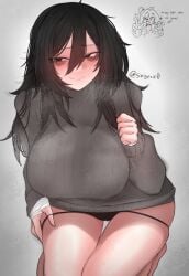 0ha 1girls bags_under_eyes bandage big_breasts black_eyes black_hair blush bottomless cameltoe long_hair looking_at_viewer original panties partially_clothed presenting shig_(shigezie) smile solo sweater text thick_thighs