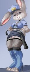 2015 anthro big_breasts breasts clothing disney erect_nipples erect_nipples_under_clothes female judy_hopps lagomorph large_breasts mammal no_panties police pussy rabbit skirt solo stockings suddenhack zootopia