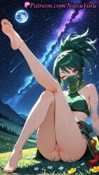 1girl 2025 ai ai_assisted ai_generated anime anime_style anus armpit_crease ass asshole bandaged_arm bandages bangs bare_legs bare_shoulders barefoot bottomless breasts bust busty caucasian cleft_of_venus crop_top crossed_legs feet female female_focus female_only field flower flower_field foot_fetish full_body full_moon grass green_hair green_shirt green_skirt hentai hi_res high_ponytail high_quality high_resolution highres juicy_butt knee_up labia labia_majora league_of_legends league_of_legends:_wild_rift leg_up legs legs_up long_hair looking_at_viewer makeup mask medium_breasts medium_hair moon mountain mountainous_horizon mouth_mask natsuyoru night night_sky ninja ninja_mask no_panties non-asian on_grass one_eye_closed oshiri outdoors paipan pale_skin patreon planet ponytail pussy red_eyes riot_games rope_belt scarf shaved_vagina shirt shooting_star sitting skirt sky sleeveless sleeveless_shirt soles solo solo_female stable_diffusion star_(sky) starry_sky thighs toenails toes uncensored vagina voluptuous voluptuous_female