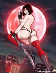 1girls asian ass bare_shoulders breasts brown_hair dc dc_extended_universe female female_only fingerless_gloves gesture gloves katana katana_(dc) large_breasts legs mask nipples panties pose shoes short_hair sideboob solo suicide_squad sword tatsu_yamashiro thighs thong topless v weapon zak_(artist)