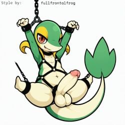 1:1 ai_generated anthro balls bondage bondage bound chains cuff_(restraint) english_text erection feet foreskin generation_5_pokemon genitals harness hellsonger hi_res humanoid_genitalia humanoid_penis looking_at_viewer male nintendo nude penis penis_accessory pokemon pokemon_(species) raised_arm red_eyes reptile restraints scalie shackles simple_background snivy solo spread_legs spreading submissive submissive_male white_background