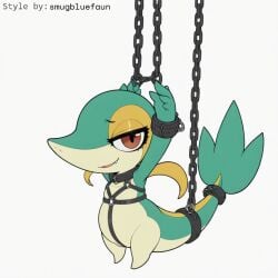 1:1 ai_generated bondage bondage bound chains collar cuff_(restraint) eyelashes female feral generation_5_pokemon green_body half-closed_eyes harness hellsonger hi_res looking_at_viewer narrowed_eyes nintendo pokemon pokemon_(species) red_eyes reptile restraints scalie shackles simple_background snivy solo suspension white_background