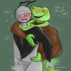 anthro anthro_on_anthro blushing cafe_venus_flytrap fly frog gay_sex green_scarf male/male male_penetrating_male moaning no_pants penetration predator/prey predator_penetrating_prey scarf talking_to_partner talking_to_prey