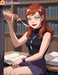 ai_generated barbara_gordon batgirl blue_eyes cum cum_on_clothes cum_on_face cum_on_hair dc_comics dcau dizbabes ejaculation facial female fully_clothed library male_masturbation public purple_skirt red_hair sleeveless_shirt smile stable_diffusion wristwatch