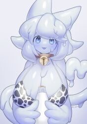 animal_ears animal_genitalia bell big_breasts blue_eyes blue_hair blue_skin cat_ears cat_humanoid cat_tail huge_breasts milk slime white_hair white_skin