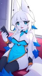 bella_(devil-vox) big_breasts big_ears blue_sclera cute devil-vox furry looking_at_viewer phone sitting sitting_down tail thick_thighs white_fur white_hair