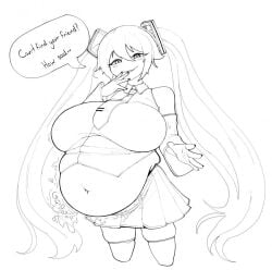 belly big_belly big_breasts black_and_white breasts digestion digestion_noises evil_grin evil_smile fof fourofour fucked_up_evil_miku hatsune_miku heavy_breasts large_belly large_breasts vocaloid vore vore_belly