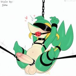 1:1 accessory ai_generated anthro ball_gag balls big_penis blindfold blonde_hair blush bodily_fluids bondage bondage bound chains cock_ring collar erection gag gagged generation_5_pokemon genitals green_body hair harness heart hellsonger hi_res humanoid_genitalia humanoid_penis jewelry male nintendo penis penis_accessory penis_jewelry pokemon pokemon_(species) precum reptile scalie simple_background snivy solo spread_legs spreading submissive submissive_male suspension white_background