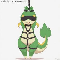 1:1 ai_generated anthro blindfold bondage bondage bound chains collar cuff_(restraint) english_text female generation_5_pokemon green_body hellsonger hi_res nintendo open_mouth pokemon pokemon_(species) reptile restraints scalie shackles simple_background snivy solo white_background