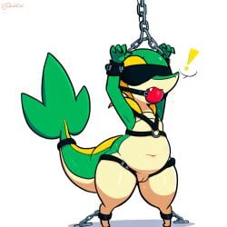 1:1 ai_generated anthro ball_gag belly blindfold bodily_fluids bondage bondage bound chained chains cuff_(restraint) exclamation_point female flat_chested gag gagged generation_5_pokemon genitals green_body harness hellsonger hi_res metal_cuffs navel nintendo nude pokemon pokemon_(species) pussy reptile restraints scalie shackles short_stack simple_background slightly_chubby snivy solo submissive sweat white_background