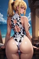 ai_generated beach big_ass bikini blonde_hair cameltoe clouds cow_print indoors metroid mountain nintendo ocean ponytail samus_aran swaying_hips swimsuit tagme video yellow_eyes