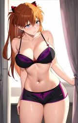 1girl asuka_langley_sohryu bangs bare_arms bare_shoulders black_bra black_clothes black_panties black_shorts black_underwear blue_eyes blush bow_bra boyshort_panties boyshorts bra breasts brown_hair clavicle cleavage closed_mouth clothing cowboy_shot curtain_grab curtains earrings eyebrows eyebrows_visible_through_hair female female_only groin hair_between_eyes hair_ornament hairpods headgear indoors interface_headset jewelry large_breasts lingerie long_hair looking_at_viewer medium_breasts midriff navel neon_genesis_evangelion orange_hair pantsu parted_lips purple_panties purple_shorts rena_aikawa_(pixiv_user) shiny shiny_skin short_shorts shorts skindentation smile solo solo_female stable_diffusion standing stomach tagme thick_thighs thigh_gap thighs tied_hair two_side_up underwear underwear_only very_long_hair window