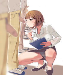 1girls 5boys borusen brown_eyebrows brown_eyes brown_hair censored censored_penis clipboard eyebrows_visible_through_hair faceless_male female inspection looking_at_penis medium_breasts miniskirt mosaic_censoring multiple_boys no_socks original panties pantyshot pantyshot_(squatting) pen penis penis_inspection penis_out school_uniform shadow shoes short_hair simple_background skirt smelling_penis squatting stockings students teacher thick_thighs underwear upskirt uwabaki what white_background