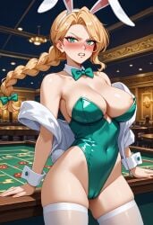 ai_generated angry angry_face blonde_female blonde_hair blush braid braided_hair breasts bunny_ears bunnysuit cameltoe casino castlevania castlevania_legends female green_eyes green_leotard large_breasts leotard looking_at_viewer sonia_belmont thick_thighs thighhighs thighs voluptuous voluptuous_female