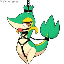 1:1 ai_generated anthro ball_gag blush bondage bondage bound chained chains collar cuff_(restraint) eyelashes female feral gag gagged generation_5_pokemon green_body harness hellsonger hi_res looking_at_viewer nintendo pokemon pokemon_(species) reptile restraints scalie shackles simple_background snivy solo submissive white_background