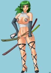 ariku_(syntheticpotato) bandages barely_clothed big_breasts breasts brown_eyes female full-length_portrait full_length gloves green_hair headband heels large_breasts long_hair looking_at_viewer navel pasties portrait solo solo_focus standing sword syntheticpotato thighs tied_hair twintails weapon