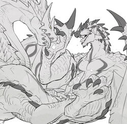 alasurth blue_eyes capcom cum duo feral flying_wyvern foot_fetish lagiacrus male monochrome monster_hunter open_mouth pecs rathalos saliva scales scalie sex simple_background tongue video_games white_background wings wyvern yaoi yellow_eyes