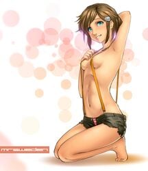 4chan aqua_eyes arm_up armpits artist_name barefoot blush breasts brown_hair cutoffs erect_nipples female full_body grin hair_ornament hairclip kneeling lips meme mr_sweden navel open_fly original panties pink_panties rage_comics shirtless short_hair short_shorts shorts sideboob small_breasts smile solo striped striped_panties suspenders toes trollface underwear unzipped