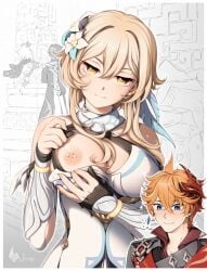 big_breasts blonde_female blonde_hair blue_eyes blush childe_(genshin_impact) ear_piercing earring eyebrow_piercing flashing flashing_breasts flowers_in_hair genshin_impact ginger ginger_male in_public lumine_(genshin_impact) nipple_piercing paimon_(genshin_impact) public pulled_by_self seductive_look shailo siciel startled tartaglia_(genshin_impact) yellow_eyes zhongli_(genshin_impact)