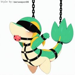 1:1 ai_generated anthro ball_gag blush bondage bondage bound chains collar cuff_(restraint) female feral gag gagged generation_5_pokemon green_body hellsonger hi_res nintendo pokemon pokemon_(species) reptile restraints scalie simple_background snivy solo submissive white_background