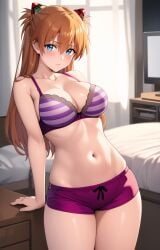 1girl ai-created ai_generated asuka_langley_sohryu bangs bare_arms bare_shoulders bed bed_sheet bedroom big_breasts blue_eyes blue_underwear blush bow bow_bra bow_panties boyshort_panties boyshorts bra breasts brown_hair clavicle cleavage closed_mouth clothing cowboy_shot curtains eyebrows eyebrows_visible_through_hair female female_only hair_between_eyes hair_ornament headgear indoors interface_headset large_breasts long_hair looking_at_viewer medium_breasts midriff navel neon_genesis_evangelion on_bed orange_hair pantsu parted_lips pillow pink_bra purple_bra purple_panties purple_shorts purple_underwear rena_aikawa_(pixiv_user) ribbon shiny short_shorts shorts smile solo solo_female stable_diffusion standing stomach striped striped_bra tagme television thigh_gap thighs tied_hair two_side_up underwear underwear_only very_long_hair window